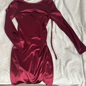 long sleeve maroon formal dress, mini length with slit and tie in the back